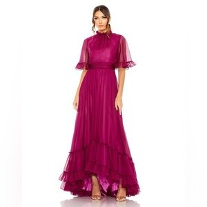 Mac Duggal RUFFLED HIGH NECK FLUTTER SLEEVE HIGH LOW HEM GOWN 68229